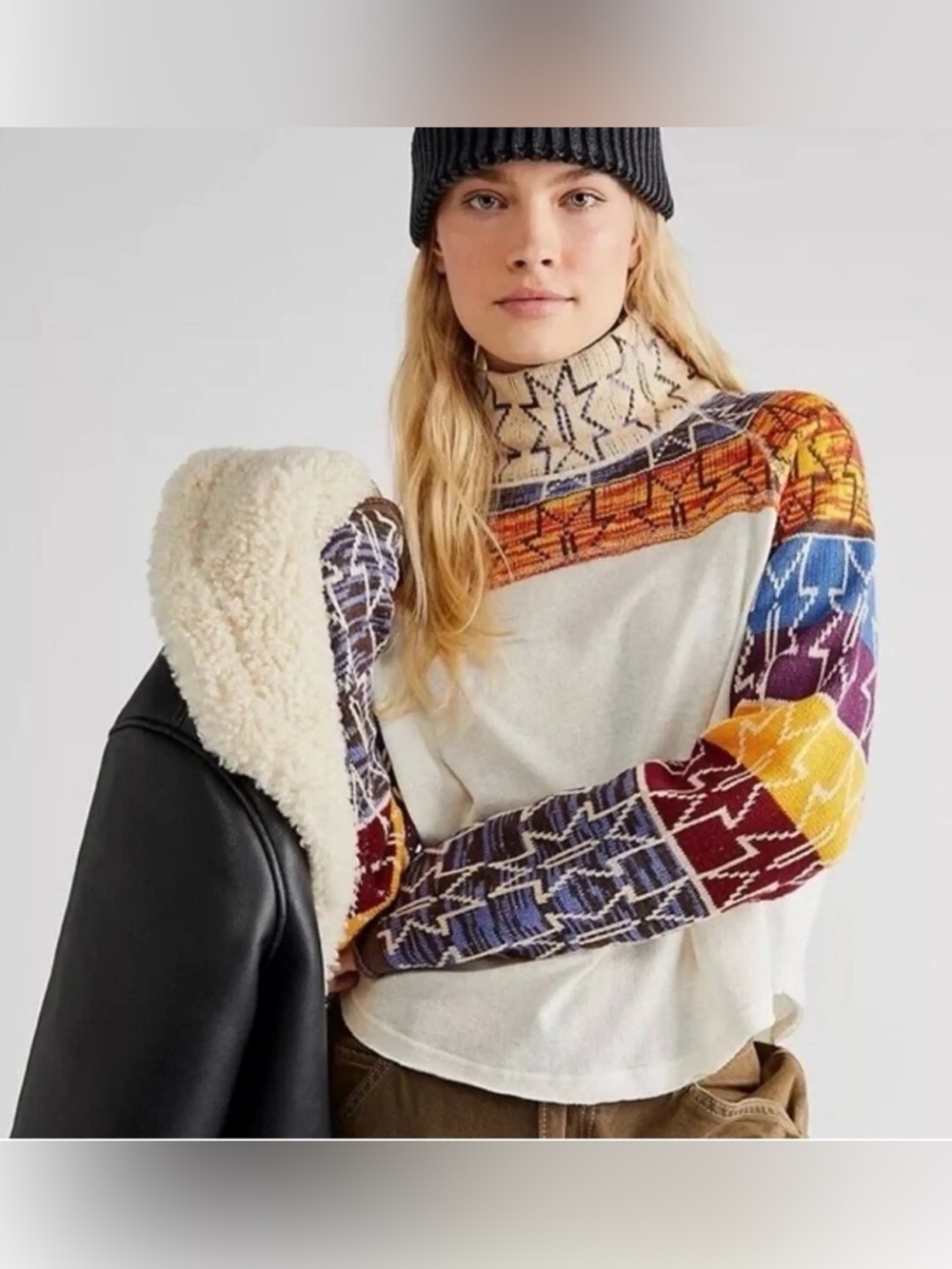 Free People XS Cream Multicolor Fair Isle Mockneck Sweater
